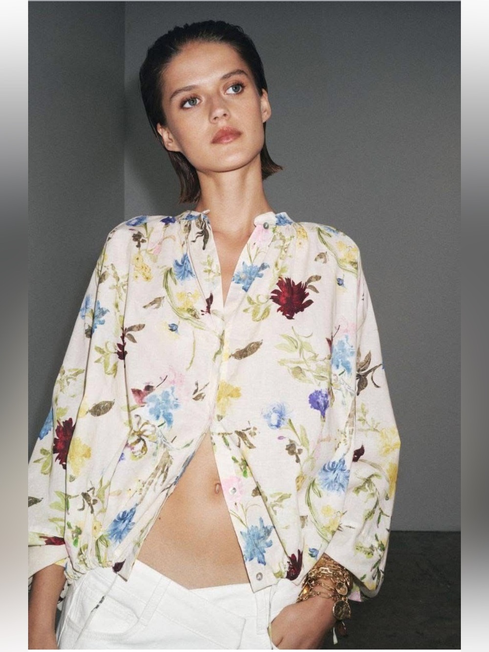 Zara Watercolor Floral Puff Sleeve Cotton Blouse Cream Multicolor Size Medium.